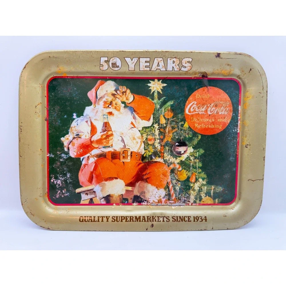 Vintage 1984 Coca-Cola Big Bear Supermarkets 50th Anniversary Santa Metal Tray